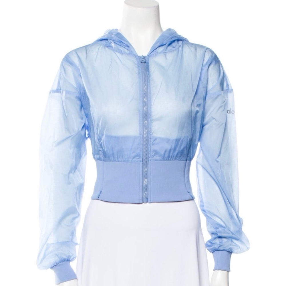 ALO Yoga Light Blue Sheer Cropped Hooded Zip Jacket medium